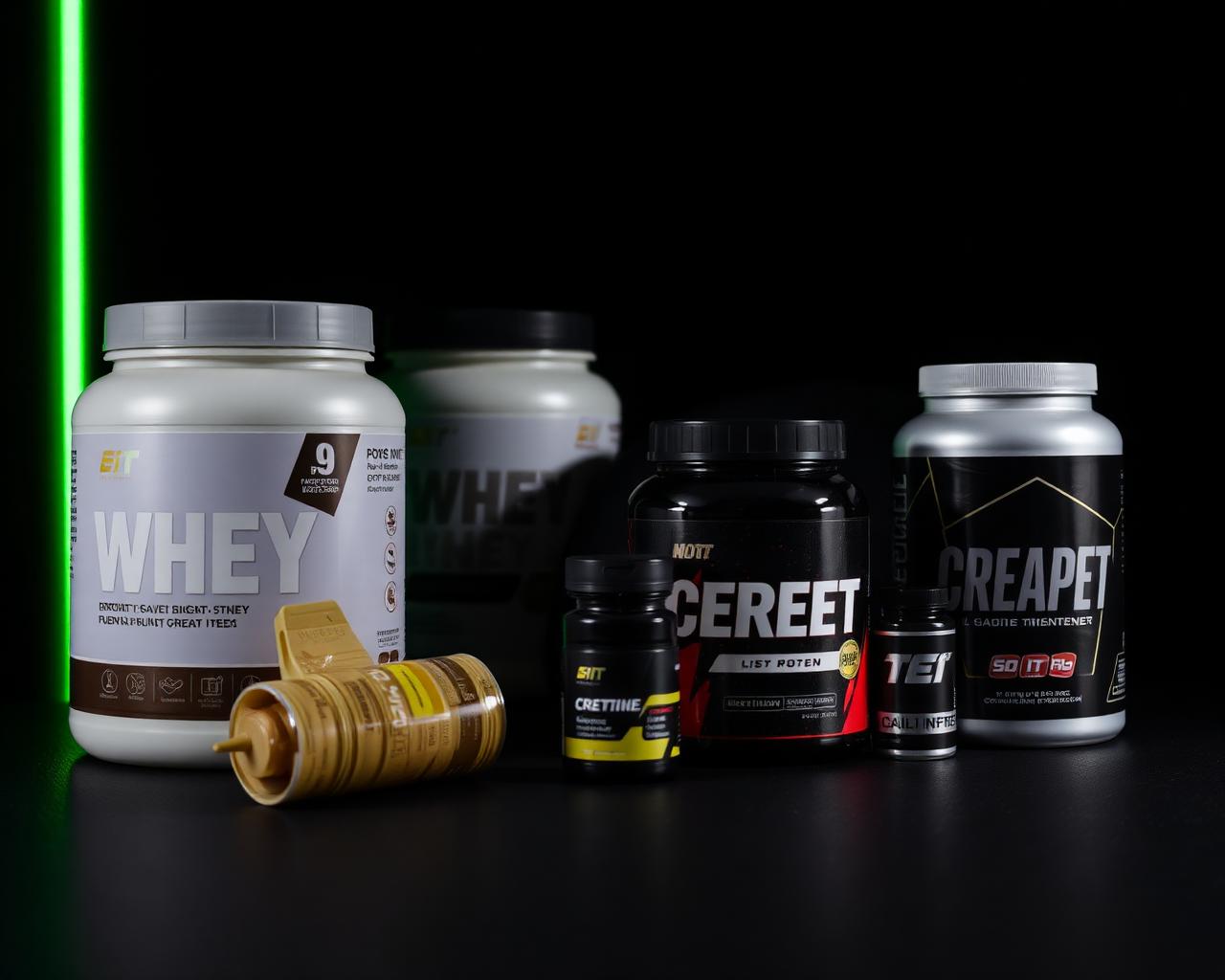 Suplementos como whey, creatina e pré-treino